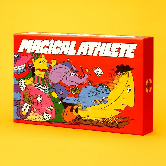 Red board game box with colorful cartoon characters racing and dice on the cover, set against a bright yellow background.