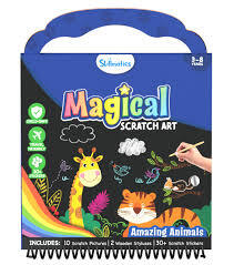 Blue handled spiral-bound scratch art book with colorful drawings of a giraffe and tiger on a black background.