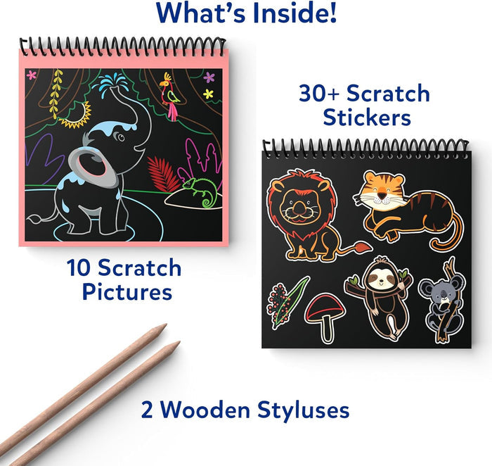 Scratch art kit with 10 animal pictures, over 30 stickers, and two wooden styluses on a white background.