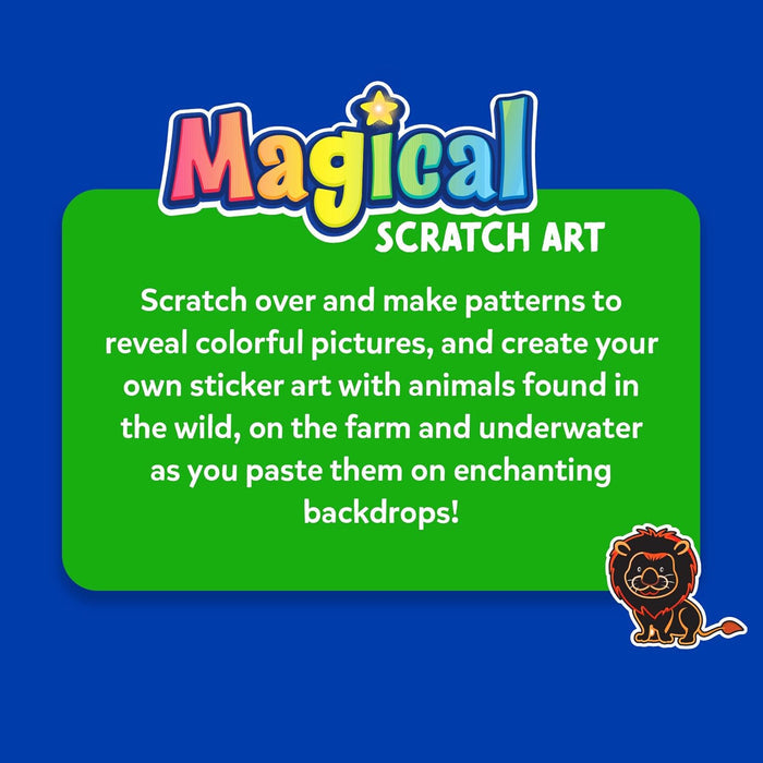 Colorful bubble-letter logo on a green box with product description and a cartoon lion sticker on a blue background.