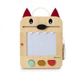 Wooden wolf-shaped magnetic drawing board with red ears, a black nose slider, stylus, and three magnetic shape stamps.