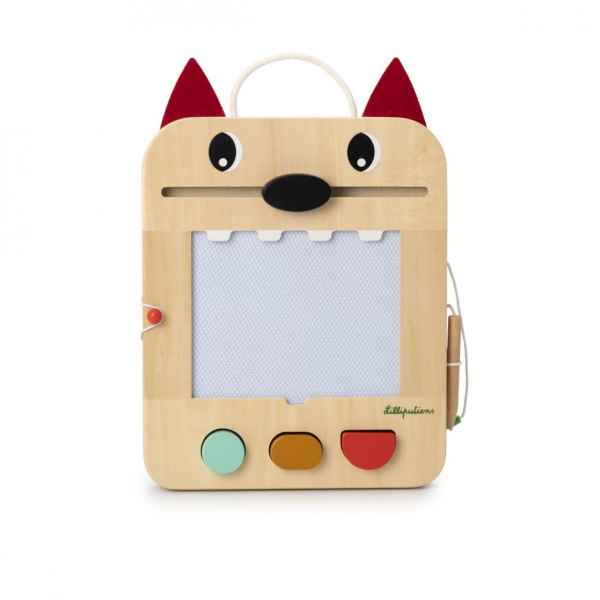 Wooden wolf-shaped magnetic drawing board with red ears, a black nose slider, stylus, and three magnetic shape stamps.