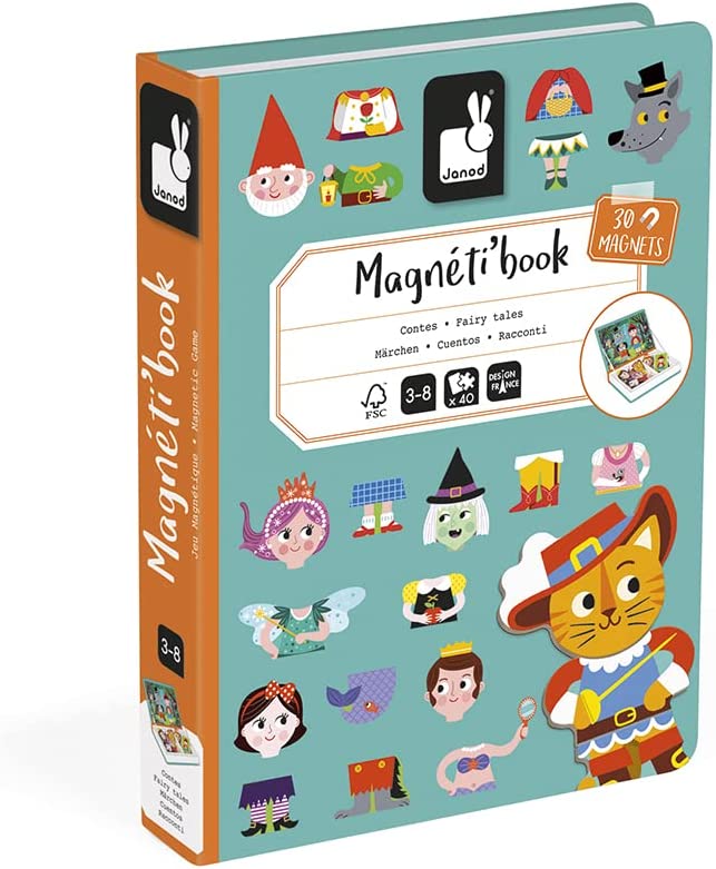 Teal book-shaped box with orange spine, featuring fairy tale character icons and a large Puss in Boots illustration.