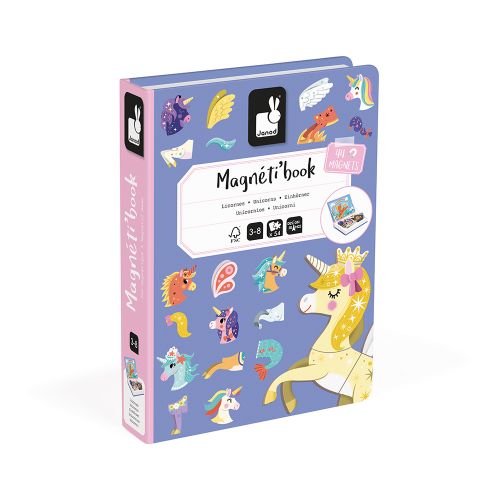Purple book-shaped magnetic toy box featuring a large yellow unicorn illustration and colorful unicorn magnet pieces.