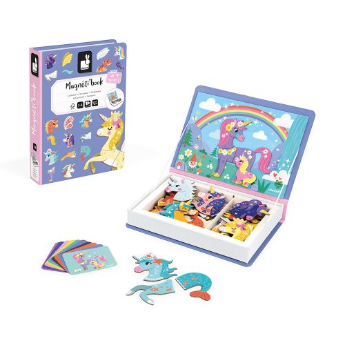 Purple book-shaped box open to show magnetic unicorn pieces, a rainbow scene, and reference cards.