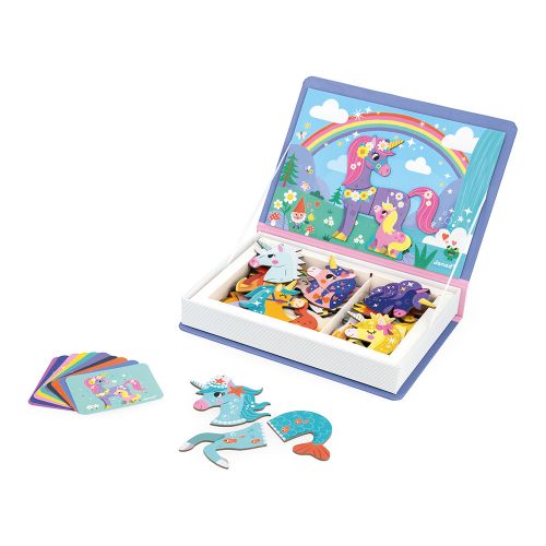 Purple book-shaped box open to reveal magnetic unicorn pieces, guide cards, and a vibrant rainbow backdrop.