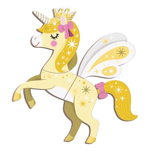 Rearing yellow pegasus unicorn with a golden crown, pink bows, and star decorations.