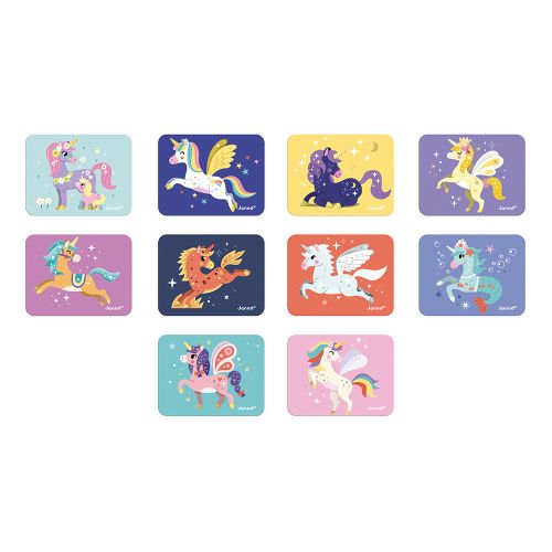 Ten colorful rectangular magnets featuring various whimsical unicorns with wings, horns, and patterns.