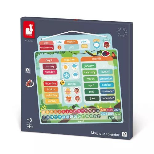 Colorful magnetic board in a box featuring magnets for tracking dates, days of the week, weather, and moods.