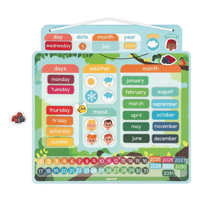 Janod magnetic kids' calendar with colorful settings for day, date, weather, and mood against a garden illustration.