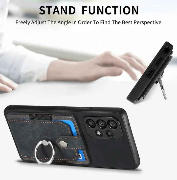 Black magnetic card holder with ring by TechPlus, compact and secure for carrying credit cards and IDs.