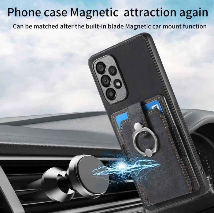 Black magnetic card holder with ring from techplus, featuring a sleek design and space for cards and keys.