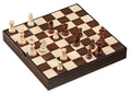 Light and dark brown wooden chess pieces on a matching checkered board with a thick, striped wood grain base.