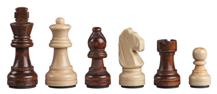 Six polished dark brown and cream wood chess pieces in alternating colors lined up against a white background.