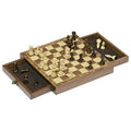 Wooden chessboard with two pull-out storage drawers, featuring light and dark wood pieces on a checkered board.