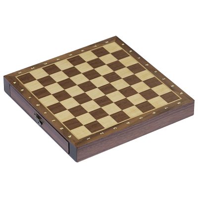 Square wooden chessboard with dark and light squares on a thick base with built-in side drawers and metal latches.