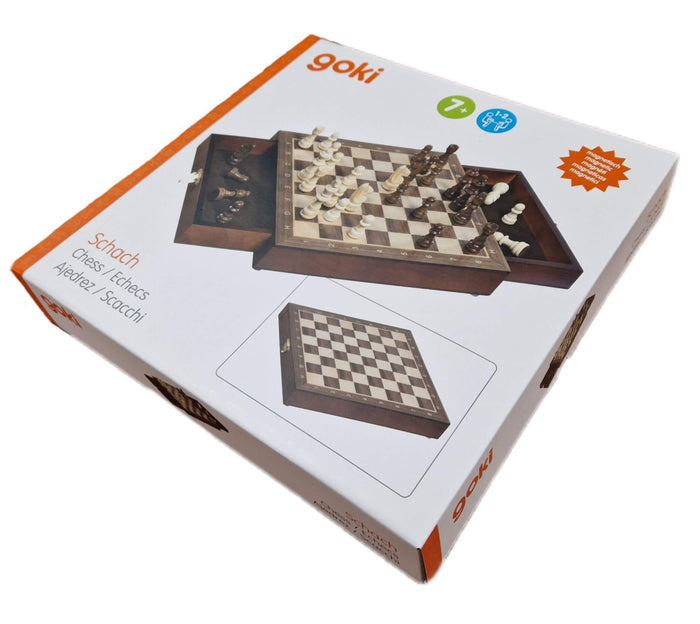 White goki box for a magnetic wooden chess set featuring two pull-out storage drawers and playing pieces.