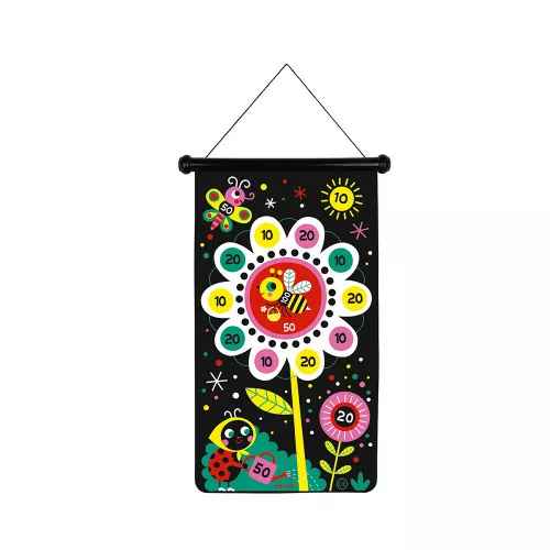 Black fabric hanging dart board featuring a colorful garden scene with a flower target, insects, and score numbers.