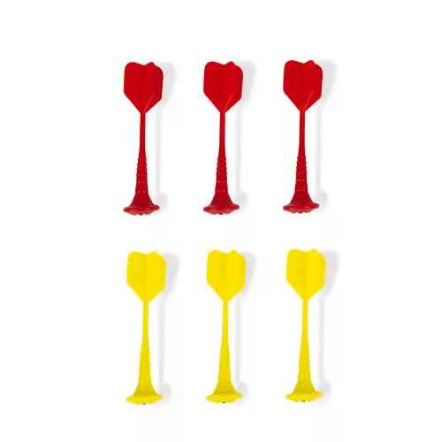 Six magnetic darts with flat tips, three red and three yellow, standing upright in two rows on a white background.