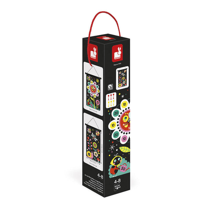 Long black box with red rope handle featuring colorful garden-themed magnetic dartboard and dart illustrations.