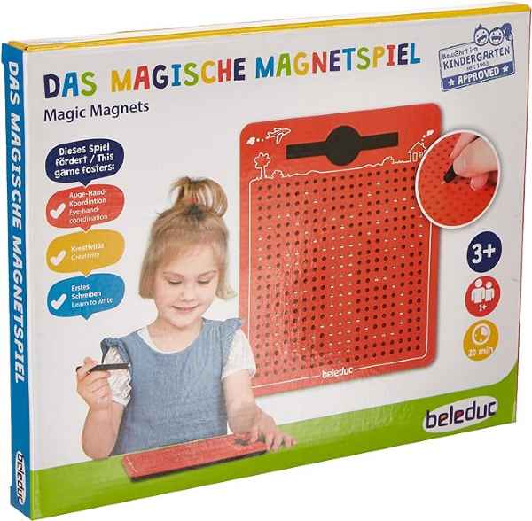 Beleduc Magic Magnets box showing a young girl using a stylus on a red, rectangular magnetic drawing board.