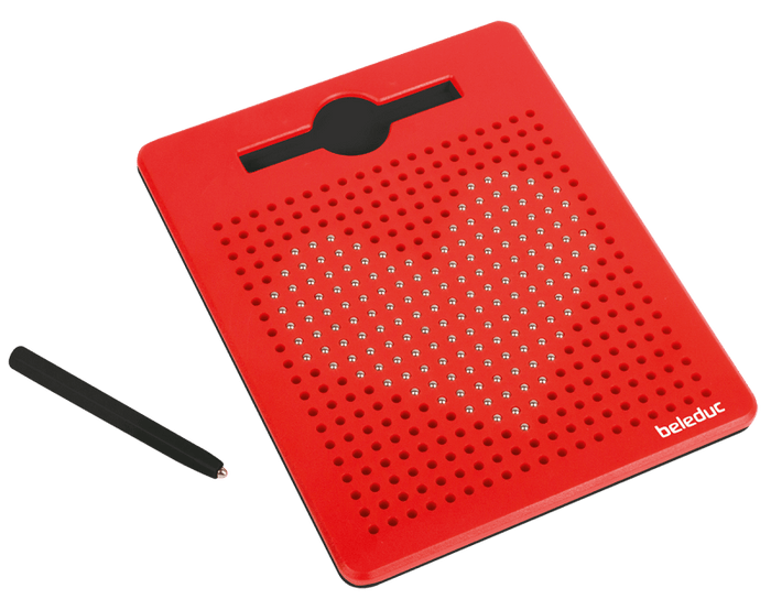 Red rectangular magnetic board with silver beads forming a heart and a black stylus pen.