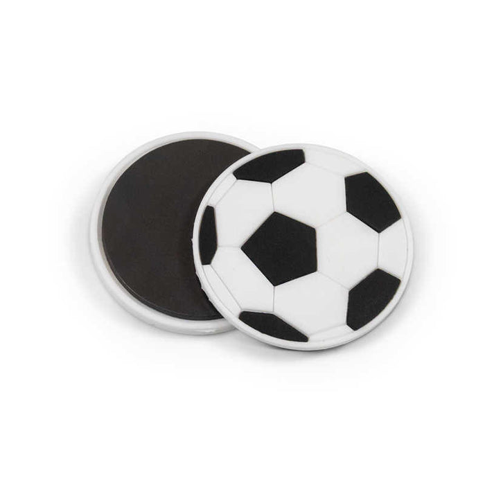 Two round magnetic sliders: one featuring a black and white soccer ball pattern and one showing a black magnetic surface.
