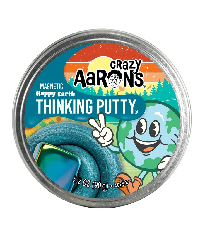 Round tin with a cartoon Earth label, swirled blue-green magnetic putty, and an iridescent square magnet.