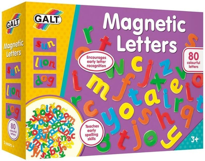 Purple and yellow box of 80 colorful Galt magnetic letters showing lowercase alphabet pieces for ages 3 and up.