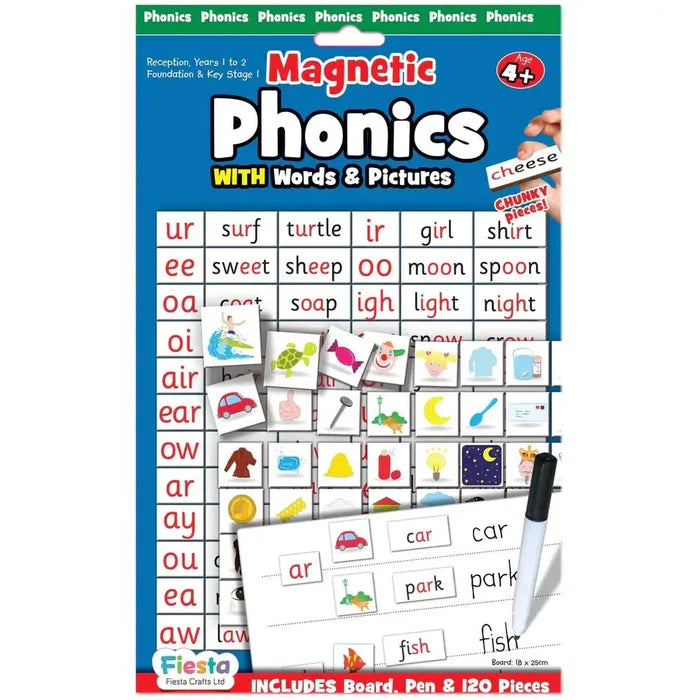 Blue phonics board with red letter tiles, colorful pictures, and a white dry-erase board with a black marker pen.