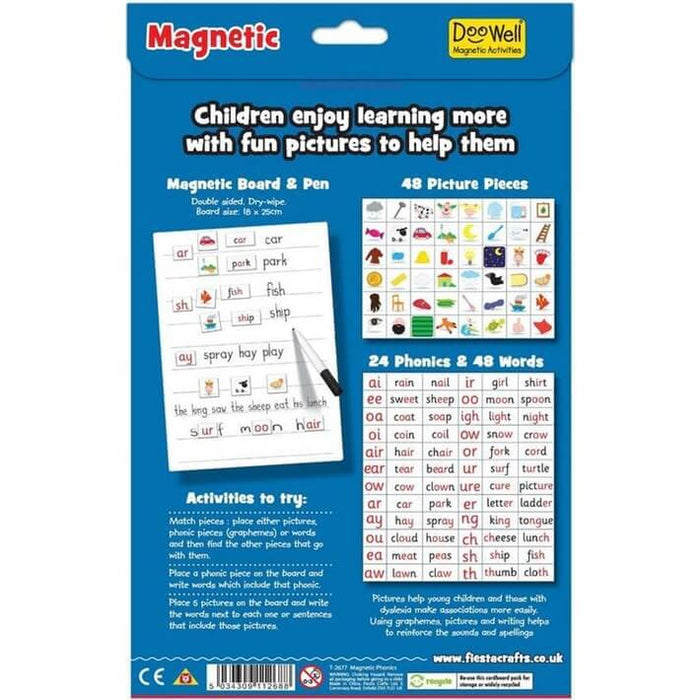 Blue toy packaging showing a white magnetic board, dry-wipe pen, 48 colorful picture magnets, and a phonics word grid.