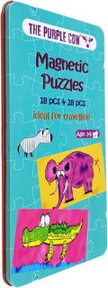 Turquoise tin with puzzle patterns, featuring cartoon zebra, purple elephant, and green crocodile illustrations.