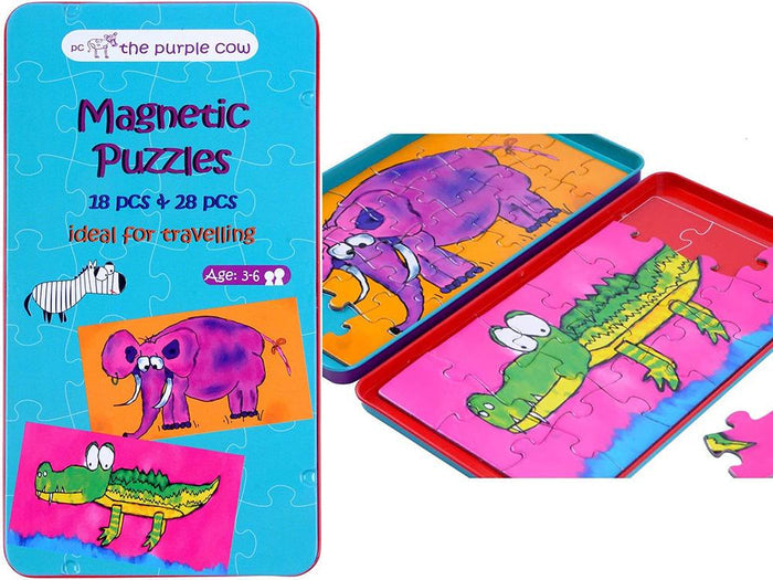 Light blue travel tin with magnetic jigsaw puzzles featuring a cartoon purple elephant and a green crocodile.