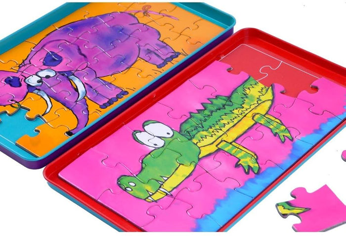 Two magnetic jigsaw puzzles in colorful metal tins featuring a purple cartoon elephant and a green crocodile.