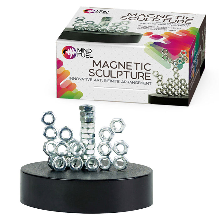 Silver metal nuts stacked on a round black magnetic base. Product box with colorful graphics sits behind the toy.