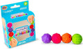 Four textured magnetic balls in purple, pink, orange, and green next to their blue retail packaging box.