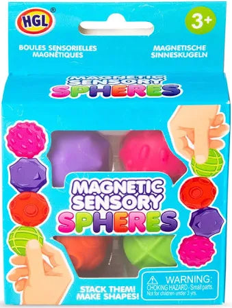 Bright blue toy box for Magnetic Sensory Spheres, featuring colorful, textured balls in pink, purple, and green.