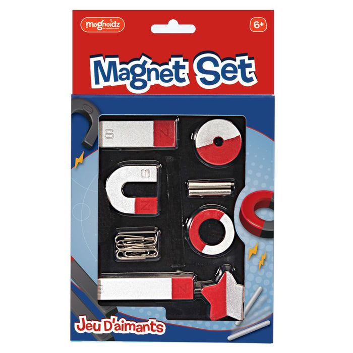 Red and silver bar, horseshoe, ring, and star magnets with paperclips in blue and red Magnoïdz packaging.