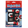Red and silver bar, horseshoe, ring, and star magnets with paperclips in blue and red Magnoïdz packaging.