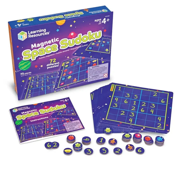 Purple box for Magnetic Space Sudoku with dark blue game boards, instructions, and round numbered alien magnets.