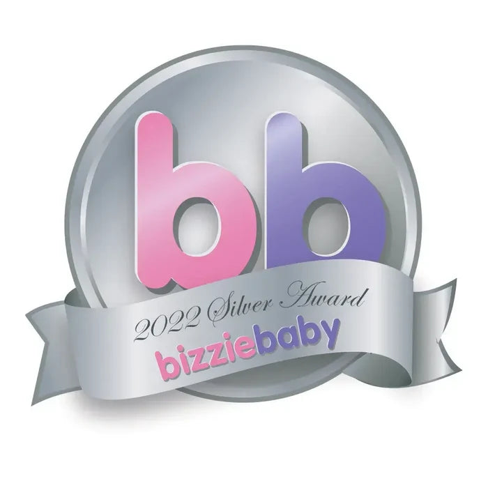 Silver circular award seal with pink and purple bb logo and banner reading 2022 Silver Award bizziebaby.