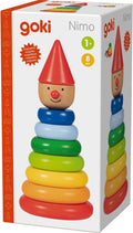 Box for a goki wooden magnetic stacking toy featuring a clown with a red cone hat and colorful rainbow rings.
