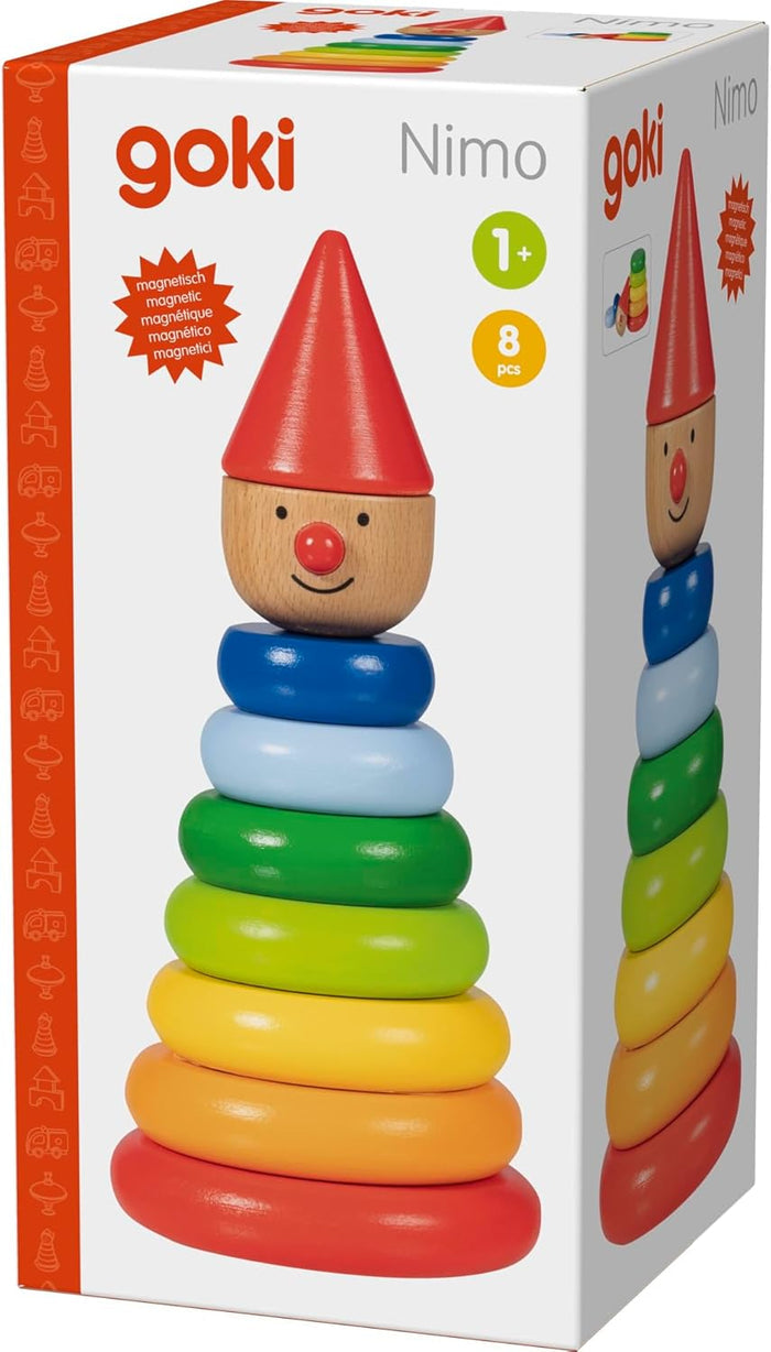 Box for a goki wooden magnetic stacking toy featuring a clown with a red cone hat and colorful rainbow rings.