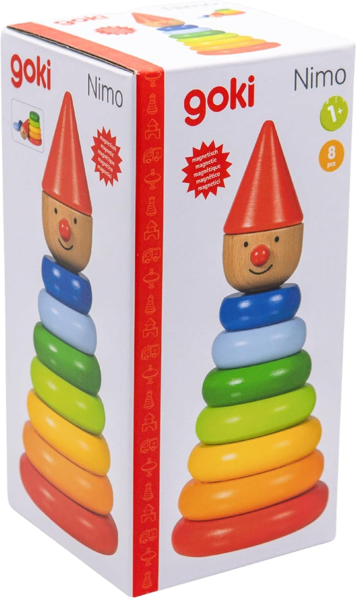 White box for a wooden clown toy with a red cone hat, wooden face, and six colorful, magnetic stacking rings.