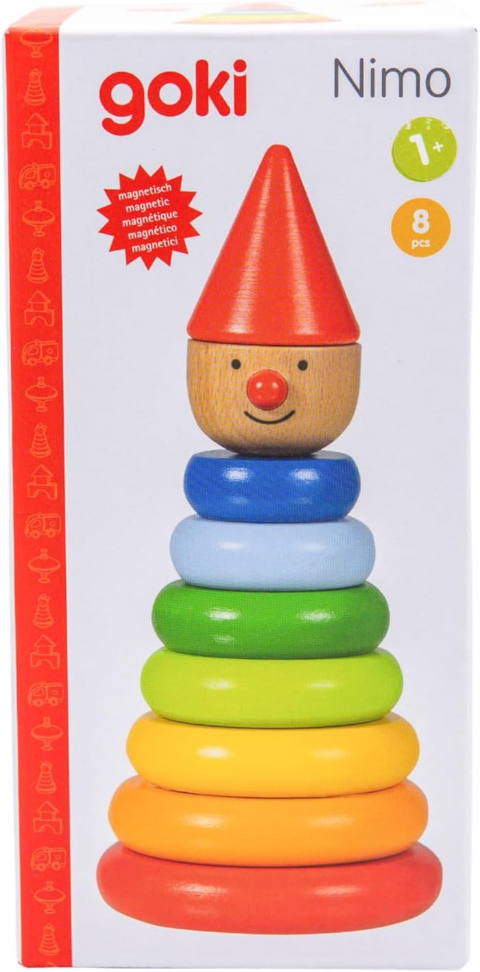 Wooden toy packaging showing a figure with a red cone hat, smiley face, and 8 colorful magnetic stacking pieces.