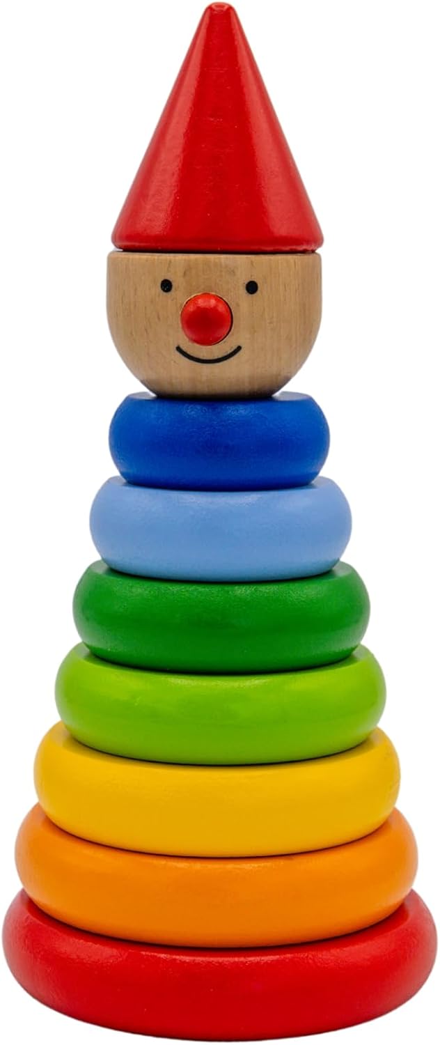 Rainbow wooden stacking rings with a smiling face, red nose, and a pointed red hat.