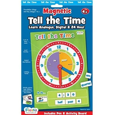 Educational clock set in blue packaging featuring a green magnetic board with a colorful clock face and time tiles.