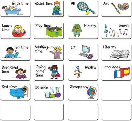 Set of 24 white magnetic tiles with colorful cartoon icons and labels for daily routines and school subjects.