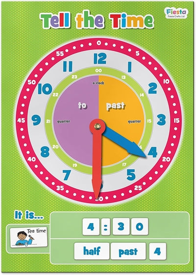 Green educational clock chart with colorful dials, red and blue hands set to 4:30, and matching magnetic time tiles.