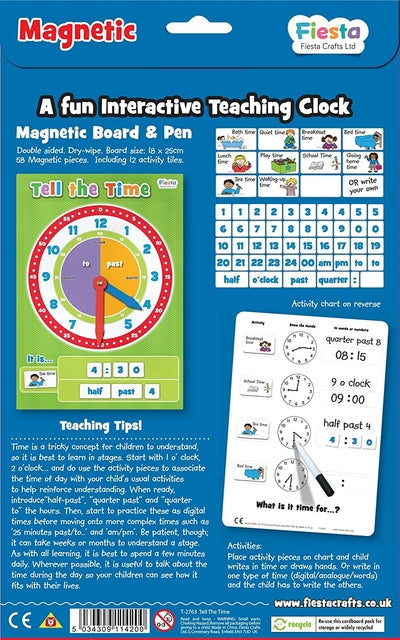 Educational clock toy set with a green magnetic clock board, number tiles, and activity chart on blue packaging.